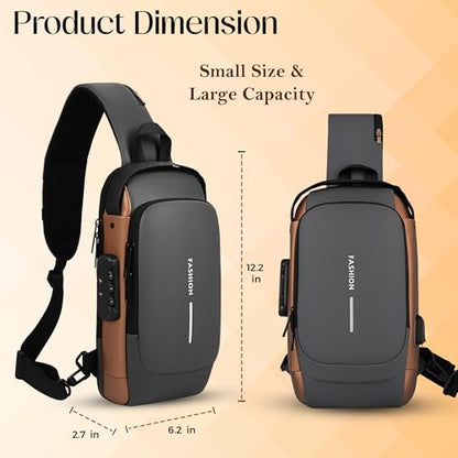 Unisex Anti-Theft Sling Bag with USB Port, Water-Resistant Crossbody Chest Backpack for Travel & Work - color: Grey & Golden