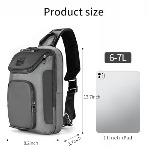 reeyee Anti-Theft Sling Bag with Lock, Waterproof Crossbody Backpack Fits 11 inch Tablet, Men's Shoulder Chest Bag - color: Gray