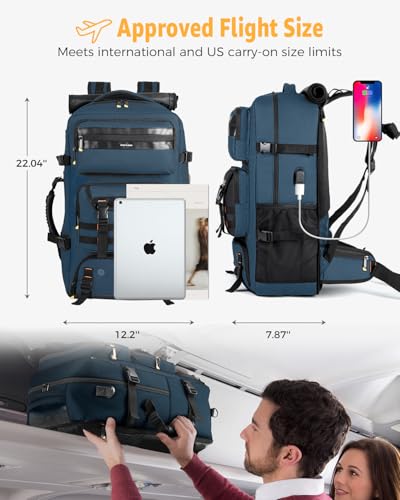 Ponhog Travel Backpack for Men, 50L Carry On Flight Approved Convertible Duffle Bag with Shoe Compartment, 17 inch Laptop Luggage with USB Charging Port for Weekender Hiking, Blue - color: Blue