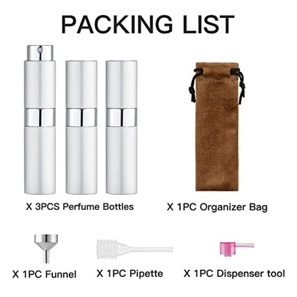 LISAPACK 8ML Atomizer Perfume Spray Bottle for Travel (3 PCS) Empty Cologne Dispenser, Portable Sprayer (Silver) - color: 3 Silver