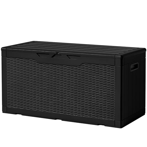 Devoko 97 Gallon Deck Box, Waterproof Resin Outdoor Storage Box for Outside and Patio, Large Outdoor Storage Bench Cabinet Lockable for Patio Furniture, Garden Tools and Pool Supplies (Black) - color: Black, size: 97 Gallon 1 Pack
