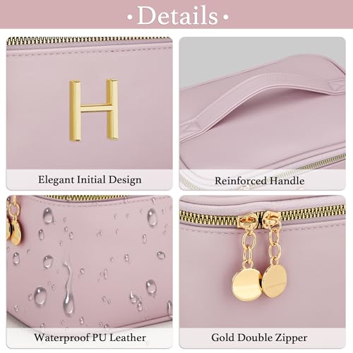 Personalized Initial Makeup Bag Gifts for Women, Large Travel Cosmetic Organizer with Handle & Divider, PU Leather Toiletry Bag for Girls, Birthday Bridesmaid Gift Set - Pink - H - color: Pink, style: H