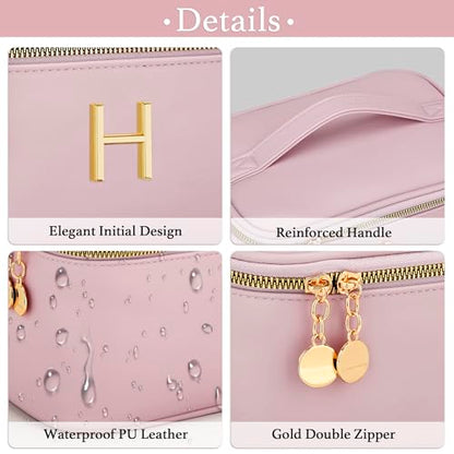 Personalized Initial Makeup Bag Gifts for Women, Large Travel Cosmetic Organizer with Handle & Divider, PU Leather Toiletry Bag for Girls, Birthday Bridesmaid Gift Set - Pink - H - color: Pink, style: H