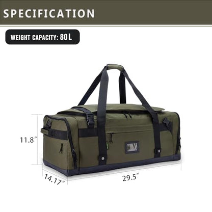 Large Duffle Bag for Travel - Men & Women, Foldable Gym Duffle Backpack, Heavy Duty Tactical Military Canvas Duffel Bags, Extra Big Carry On with Shoe Pockets, Waterproof (80L/103L) - color: Army Green, size: M(80L)