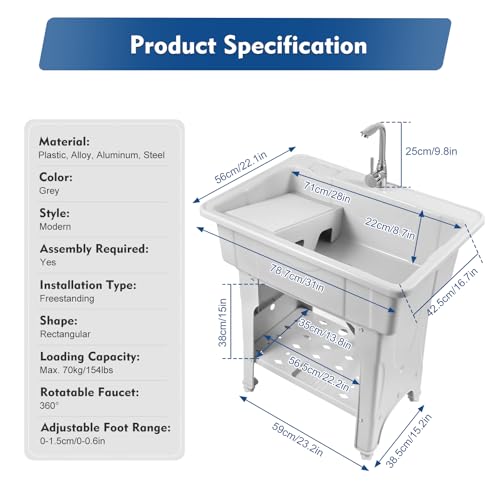Freestanding Home Laundry & Utility Sinks, Plastic Laundry Sink with Washboard & Faucet Drain Kit, Indoor/Outdoor Water Sink lavadero for Laundry, Basement, Garage (31.5"D X 22.05"W X 31.5"H)