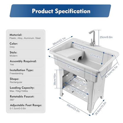 Freestanding Home Laundry & Utility Sinks, Plastic Laundry Sink with Washboard & Faucet Drain Kit, Indoor/Outdoor Water Sink lavadero for Laundry, Basement, Garage (31.5"D X 22.05"W X 31.5"H)