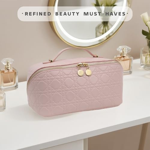Travel Makeup Bag – Large Cosmetic Organizer with Waterproof PU Leather, Smooth Double Zipper & Tear-Resistant Lining, Toiletry Pouch for Women (Pink) - color: 04-Pink