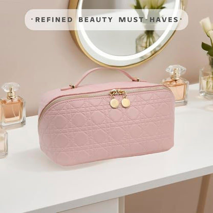 Travel Makeup Bag – Large Cosmetic Organizer with Waterproof PU Leather, Smooth Double Zipper & Tear-Resistant Lining, Toiletry Pouch for Women (Pink) - color: 04-Pink