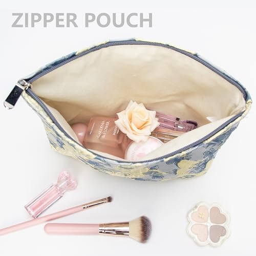 PAZIMIIK Makeup Bag Large Cotton Zipper Pouch for Purse Travel Canvas Make Up Organizer for Women Cosmetic,Brocade Blue - color: Brocade Blue Flower