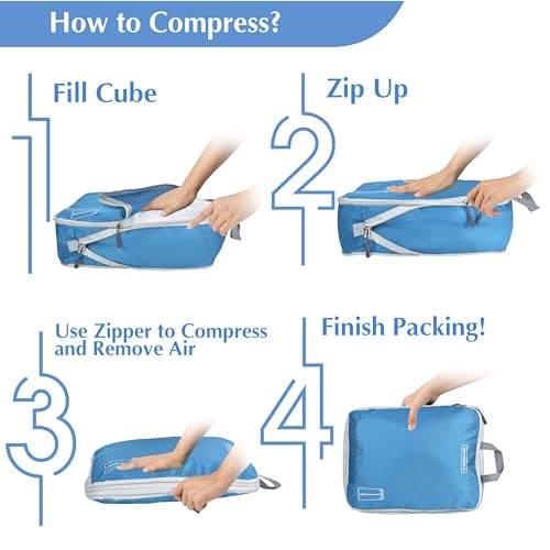 8 Set Expandable Compression Packing Cubes for Suitcases Travel Essentials Carry On Waterproof Storage Bag With Dry And Wet Separation Blue - color: Blue