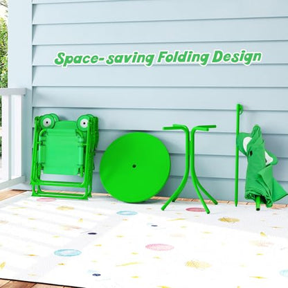 HONEY JOY Kids Picnic Table, Animal Themed Toddler Outdoor Table and Chair Set, 2 Folding Chairs & Removable Umbrella, Children Outdoor Furniture for Backyard Patio Garden (Green Frog) - color: Green Frog