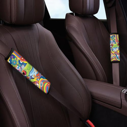 Cute Frog Car Seat Belt Pad Cover 2-Pack Soft Car Safety Seat Belt Strap Shoulder Pad Anti-Slip Shoulder Strap Protect Universal Fit Most Cars Women Men - color: Cute Hippie Flower Frog