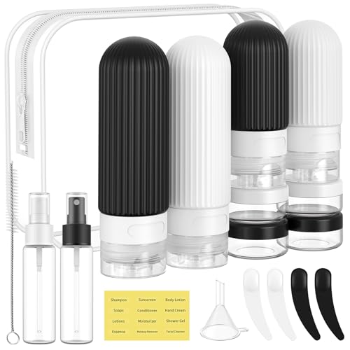 ME.FAN Travel Bottles for Toiletries,18 Pack Silicone Portable Size Bottle, TSA Approved Refillable Cosmetic Container Kits for Conditioner, Shampoo, Lotion,Face Cream - Black/White - color: Black/White
