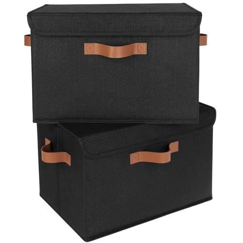 GRANNY SAYS Storage Bins with Lids, Decorative Storage Boxes with PU Handles, Black Storage Bin, Linen Closet Organizer, Shelf Baskets, Fabric Storage Bins for Clothes - color: Black, size: Large-2 Pack