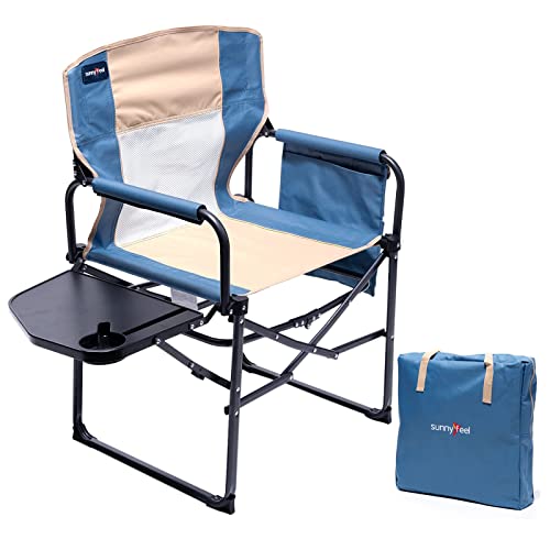 SUNNYFEEL Camping Directors Chair, Heavy Duty,Oversized Portable Folding Chair with Side Table, Pocket for Beach, Fishing,Trip,Picnic,Lawn,Concert Outdoor Foldable Camp Chairs - color: Light Blue