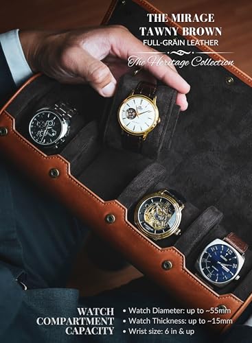 4 Watch Travel Case for Men Leather Watch Roll Case Storage for Travel - Brown Full Grain Cow Leather - color: Cow Real Leather/4-watch case
