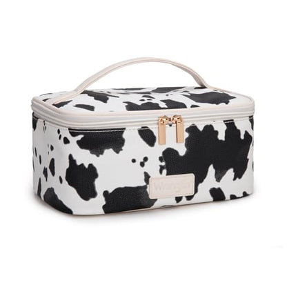 Montana West X Wrangler Travel Makeup Bag 2pcs Set Large Cosmetic Bag with Makeup Brush Holder Portable Make Up Organizer Cute Toiletry Bag with Divider and Handle for Women - color: Cow-Black