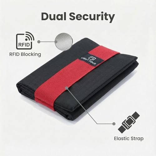 LIGHT FOLD Ultra Slim Tri-Fold Wallet with RFID Blocking, Lightweight Minimalist Men’s Wallet with Elastic Band, Waterproof Durable Nylon Fabric, Slim Front Pocket Card Holder Fits 12 Cards & Cash - color: Red