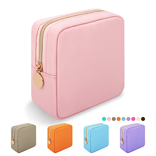 Nylon Mini Makeup Bag, Preppy Small Cosmetic Bag Compact Make up Pouch Toiletry Bag, Waterproof Zipper Purse Travel Coin Pouch Sanitary Napkin Storage Bag for Women Girls Teens(Pink) - color: Pink, size: Mini