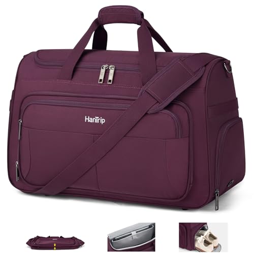 HanTrip Carry on Duffel Bag Foldable Duffle Bags for Travel, Large Personal Item Bags for Airplanes, Weekender Overnight Mens Travel Tote Bag for Women Softside Carry on Luggage (Purple) - color: Purple, size: Carry-on 21.5-Inch