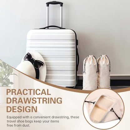 Amylove 4 Pcs Flannel Cloth Shoe Bags for Travel, 8 x 17 Inches Dust Pouch with Drawstring Closure, Washable Breathable Cotton Fabric for Luggage(Beige) - color: Beige