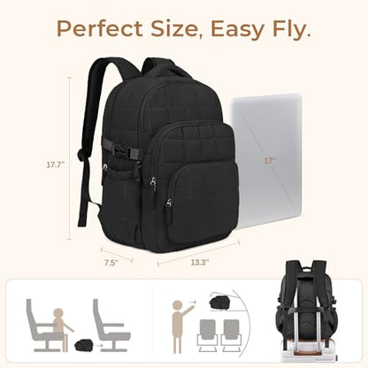 CLUCI 17.3 Inch Laptop Backpack for Women, Anti Theft Travel Backpack, Puffer Quilted Work Backpack, Water Resistant College Bookbag, Carry on backpack with RFID (Black) - color: Black