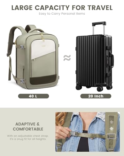 LOVEVOOK Travel Backpack for Women, 40L Carry On Backpack Flight Approved, Large Personal Item Bag Fits 17 inch Laptop, TSA Approved Luggage with 3 Packing Cubes,Waterproof Weekender Gym Bag - color: Beige-light Green, size: 40L