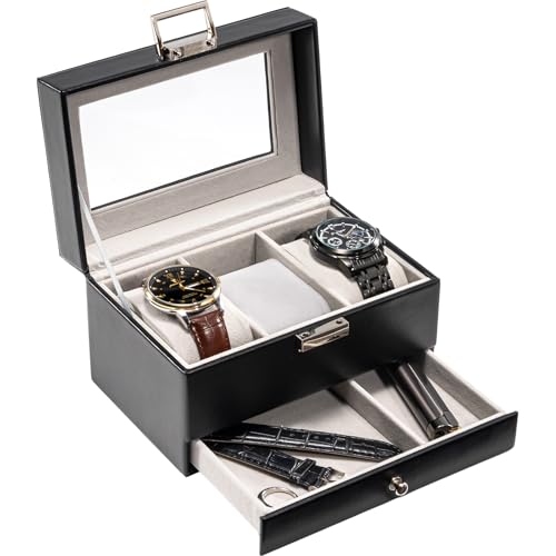 ProCase Watch Box, 3 Slot Watches Display Case with Drawer, Mens Watch Case with Glass Lid, 2-Layer Mens Jewelry Organizer Storage Holder, Birthday Valentine Gifts for Men-3 Slot, Black - color: Black, size: 3-Slot