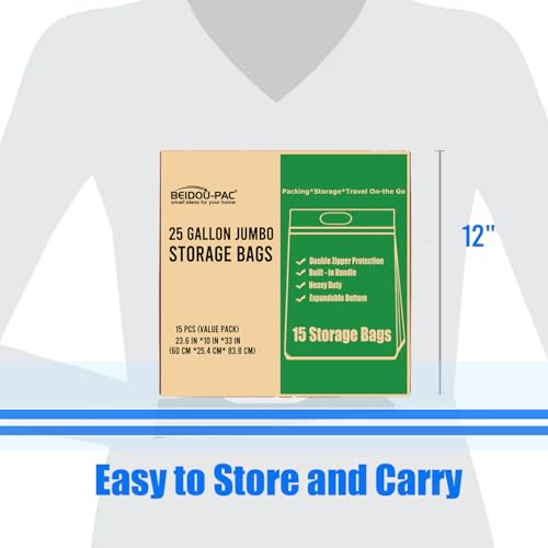 BEIDOU-PAC 25 Gallon Jumbo Storage Bags with Handle, 15 Count | Double Zipper Seal | Expandable Bottom, Resealable Clear zip Bags for Home, Travel, Moving, Commercial and Outdoor - style: Zip-25 gallon-15 count