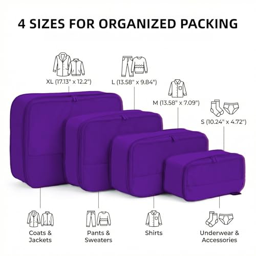 4 Piece Compression Packing Cubes for 3–7 Day Travel, Space Saving Travel Organizers with Breathable Mesh, Double-Zipper Packing Cubes for Carry-On & Suitcases (Lavender) - color: Lavender