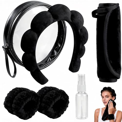 Real Perfection Spa Headband for Washing Face, Skincare Headband Wristband Set for Facial Mask Skin Care, Makeup Remover Towel Cloth Small Spray Bottle with Travel Makeup Bag Gifts for Women - Black - color: Black