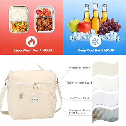 Voova Lunch Bag for Women, Insulated Lunch Box with Shoulder Strap, Adult Reusable Lightweight Nylon Waterproof Lunchbox Lunch bags for Work, Beige - color: Beige