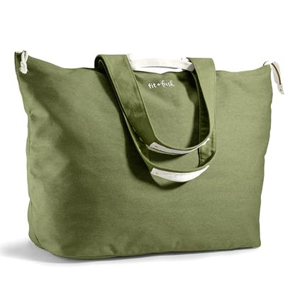 Fit & Fresh XL Beach Tote Bag for Women – XL Travel Tote with Zipper & Pockets, Oversized Canvas Pool Bag, Weekender Carry-On - color: Olive