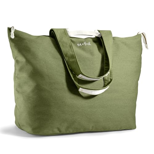 Fit & Fresh XL Beach Tote Bag for Women – XL Travel Tote with Zipper & Pockets, Oversized Canvas Pool Bag, Weekender Carry-On - color: Olive