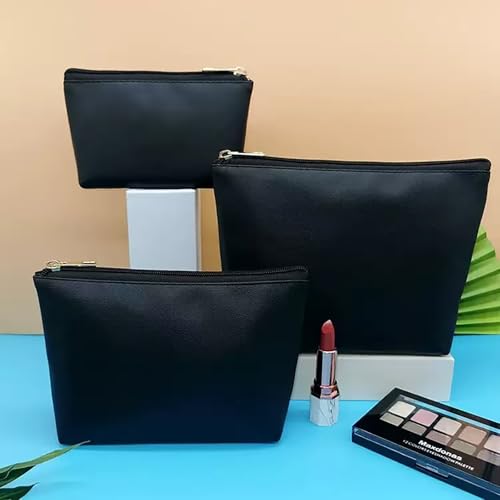 3 Pcs Makeup Bag Set for Women Black Soft Leather Travel Cosmetic Bag Make Up Pouch Small Travel Zipper Pouch,Water-resistant Makeup Organizer Bag for Women（Flat black） - color: Flat black
