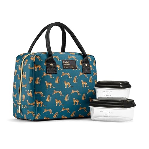 Fit & Fresh Bloomington Lunch Bag for Women - Insulated Large Lunch Box for Work with Containers, Leak-Resistant, Stain-Resistant, Zipper Closure, Teal Cheetah - color: Teal Cheetah, size: One Size