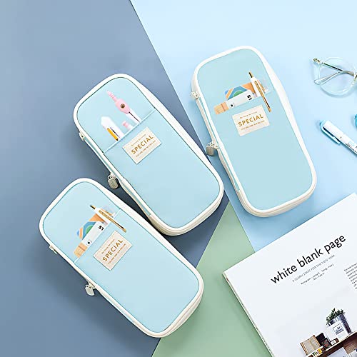 MAMUNU Expandable Pencil case with compartments, Large Capacity Pencil Cases Pencil Bag Pouch Office School, Portable Pencil Case Large School Stationery Organizer, Makeup Cosmetic Bag, Blue - color: Blue