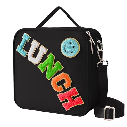 Insulated Lunch Bag With Adjustable Shoulder Strap, Nylon Preppy Lunch Box Large Insulated Lunch Bag Reusable Lunch Tote Bag with Smiley Preppy LunchBag for Girls School Travel Picnic (Black) - color: Black