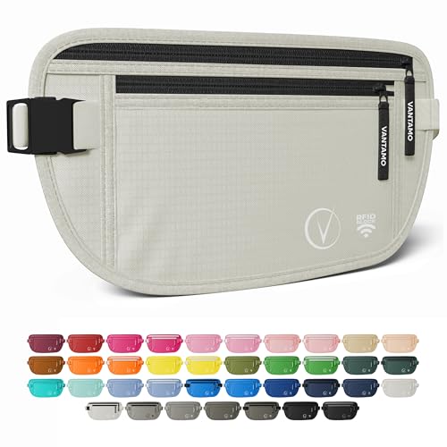 Vantamo Money Belt with RFID For Men & Women, Hidden Passport Holder for Travel, 2 Compartment Travel Fanny Pack for Women Anti Theft - color: Cloud Gray & Black