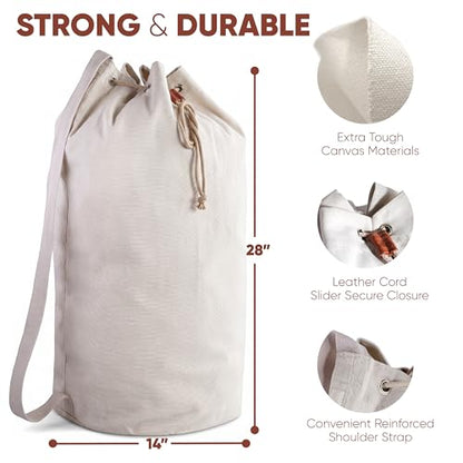 Handy Laundry Canvas Duffel Bag - Drawstring, Leather Closure, Shoulder Strap