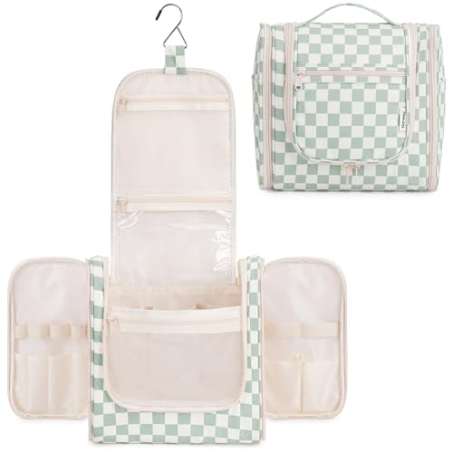 Narwey Travel Toiletry Bag for Women, Checkered Large Hanging Makeup Bag Organizer Cosmetic Make up Bags for Women, Travel Bag for Toiletries (Mint Green Checkerboard) - color: C-Mint Green Checkerboard, size: Large