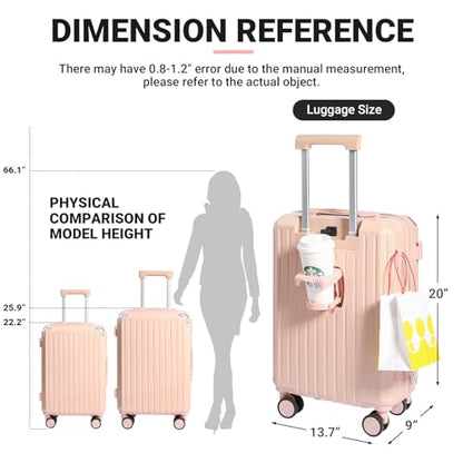Carry-on Luggage with Cup Holder & USB Charging Port, Hard Side Luggage with Spinner Wheels, Lightweight Luggage for Travel, Business (Pink, Carry-On 20-Inch) - color: Pink