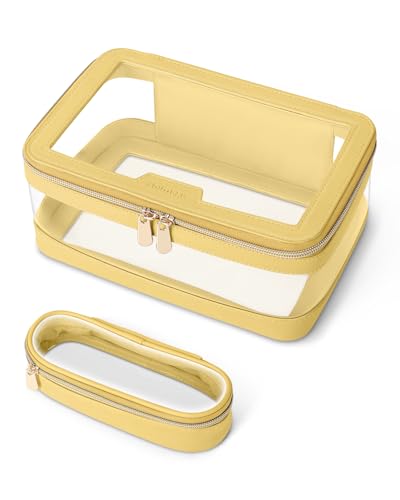 Soimeat Travel Clear Makeup Bag with Makeup Brush Bag, Leather Makeup Case Toiletry Bag, Portable Cosmetic Bag Case, Transparent Waterproof Cosmetic Organizer Storage Bag for Women, Yellow - color: Yellow, size: L