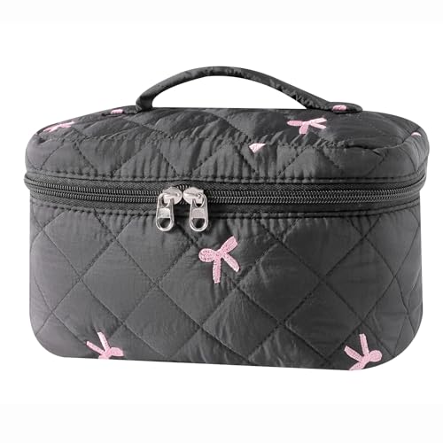 uekeboag Large Travel Quilted Makeup Bag for Women, Floral Cotton Cosmetic Bag, Coquette Aesthetic Floral Toiletry Organizer Bag - color: 13Black Bow