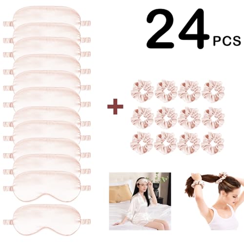 24Pcs Satin Eye Mask Silk Sleep Masks Silky Eyes Cover Blackout Blindfold Eyeshade Scrunchies Hair Ties Travel Wedding Gift - color: Pale Blush