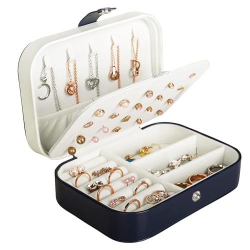 Hatori Travel Jewelry Box, PU Leather Small Jewelry Organizer for Women Girls, Double Layer Portable Mini Travel Case Display Storage Holder Boxes for Stud Earrings, Rings (Blue) - color: Blue