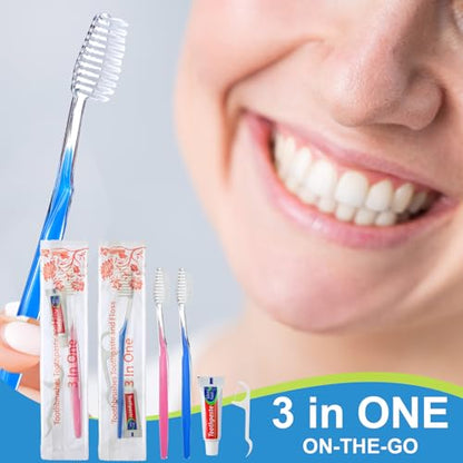FoldTier 200 Sets Disposable Toothbrushes with Toothpaste and Floss Bulk Individually Wrapped 10g Toothpaste Homeless Hygiene Kit Bulk Homeless Care Package Supply for Travel Shelter (Light Blue Pink) - size: 3 Count (Pack of 200)