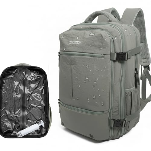 Vacuum Compression Backpack, Carry-On Size Travel Backpack with Vacuum System and Pump, Expands to 55L Packing Capacity, Fits 17” Laptop & 5–7 Days of Clothes, Water-Resistant Compression Backpack - color: Greenish Gray, size: 55L