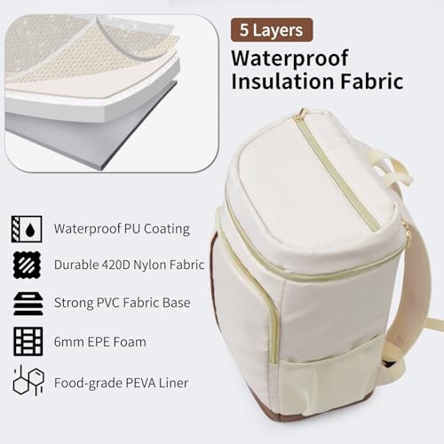 Cooler Backpack Insulated Waterproof 35 Cans,Two Compartments Backpack Cooler,Lightweight Back Pack for Women/Men - color: Creamy White
