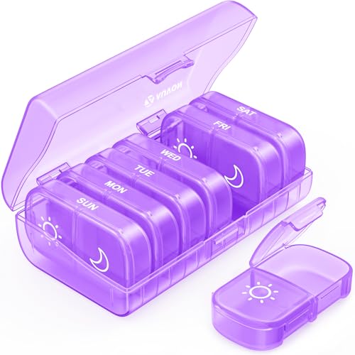 AUVON XL Weekly Pill Organizer 2 Times a Day, AM PM Pill Case with One-Side Large Opening for Easy to Use, Pill Box 7 Day Travel Medication Organizer for Medications, Vitamins, Fish Oils, Supplements - color: Purple